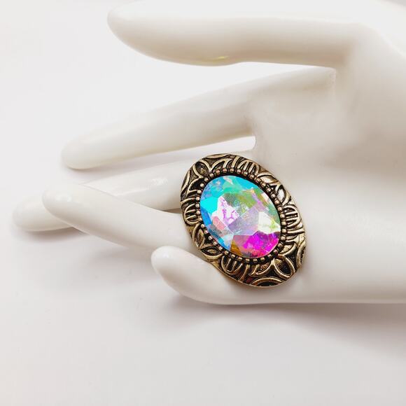 Rainbow Faceted Glass Oval Brooch Gold Tone Frame Vintage Crystal Pin 1.6" - Picture 5 of 8